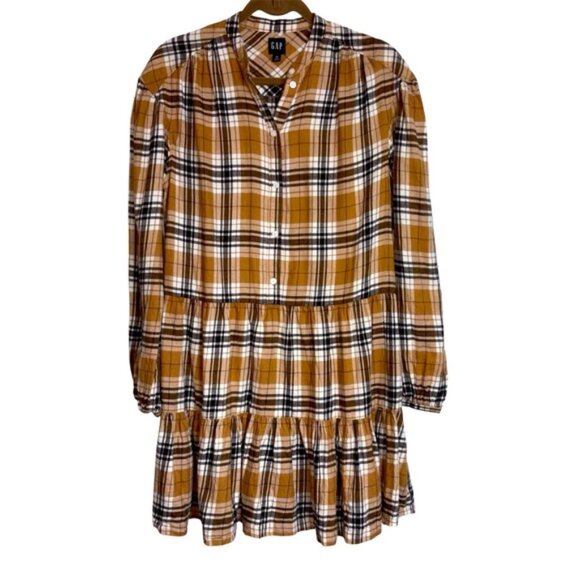 GAP Women’s Medium Tall Brown Tan Cream Button Down Plaid Dress Coastal Cowgirl - Picture 1 of 8